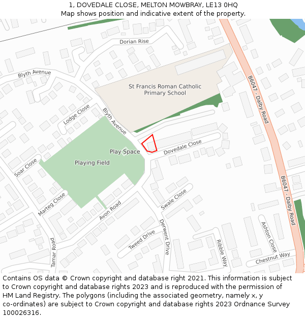 1, DOVEDALE CLOSE, MELTON MOWBRAY, LE13 0HQ: Location map and indicative extent of plot