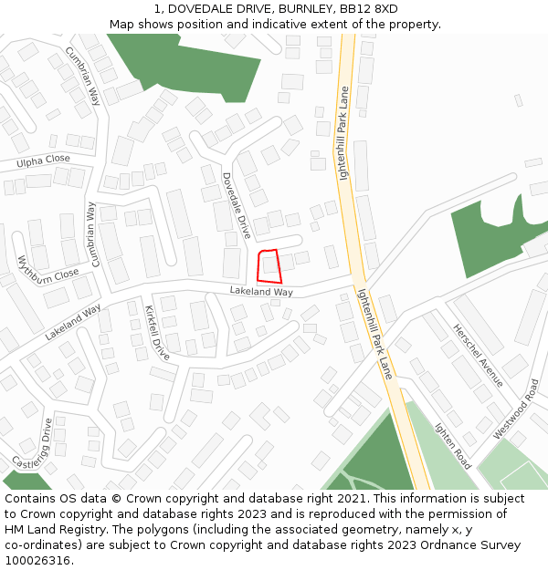 1, DOVEDALE DRIVE, BURNLEY, BB12 8XD: Location map and indicative extent of plot