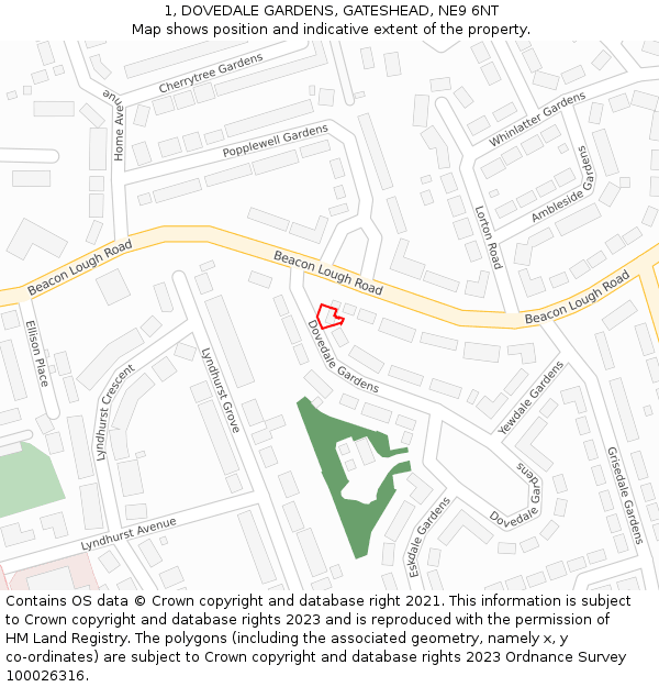 1, DOVEDALE GARDENS, GATESHEAD, NE9 6NT: Location map and indicative extent of plot