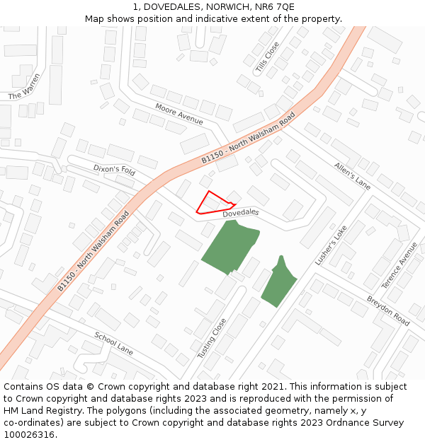 1, DOVEDALES, NORWICH, NR6 7QE: Location map and indicative extent of plot