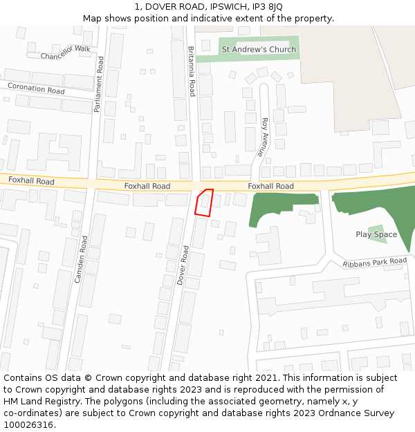 1, DOVER ROAD, IPSWICH, IP3 8JQ: Location map and indicative extent of plot