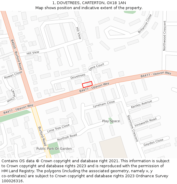 1, DOVETREES, CARTERTON, OX18 1AN: Location map and indicative extent of plot