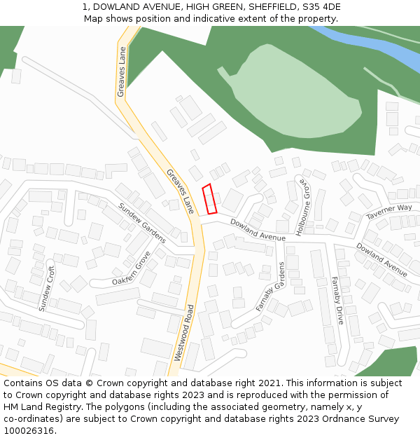 1, DOWLAND AVENUE, HIGH GREEN, SHEFFIELD, S35 4DE: Location map and indicative extent of plot