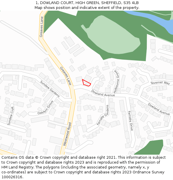 1, DOWLAND COURT, HIGH GREEN, SHEFFIELD, S35 4LB: Location map and indicative extent of plot