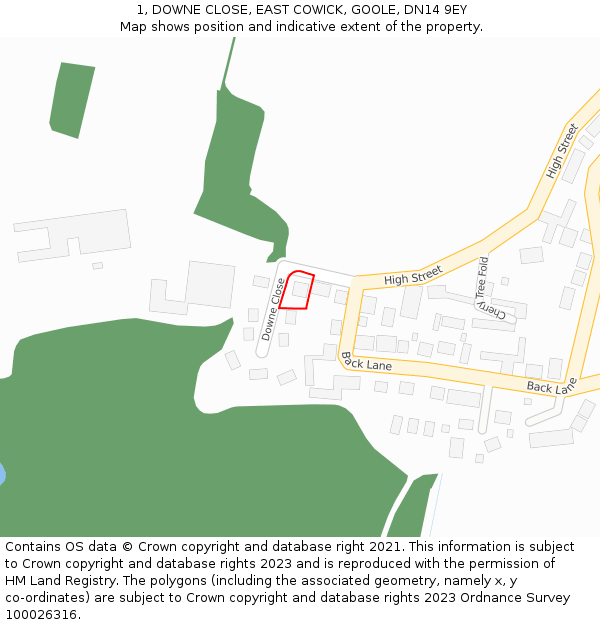 1, DOWNE CLOSE, EAST COWICK, GOOLE, DN14 9EY: Location map and indicative extent of plot