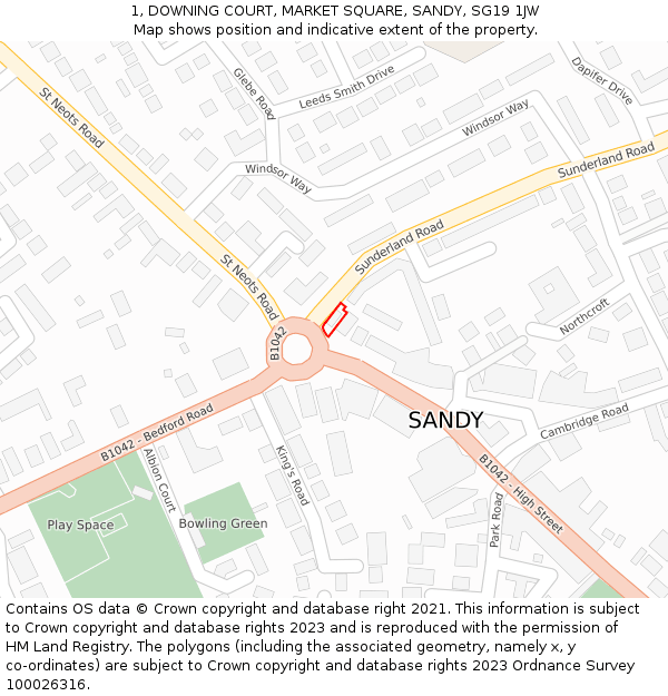 1, DOWNING COURT, MARKET SQUARE, SANDY, SG19 1JW: Location map and indicative extent of plot