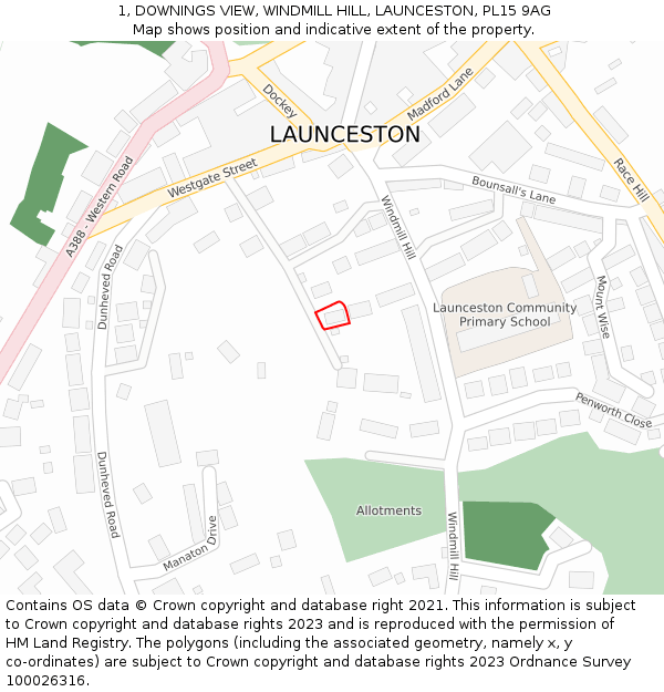 1, DOWNINGS VIEW, WINDMILL HILL, LAUNCESTON, PL15 9AG: Location map and indicative extent of plot