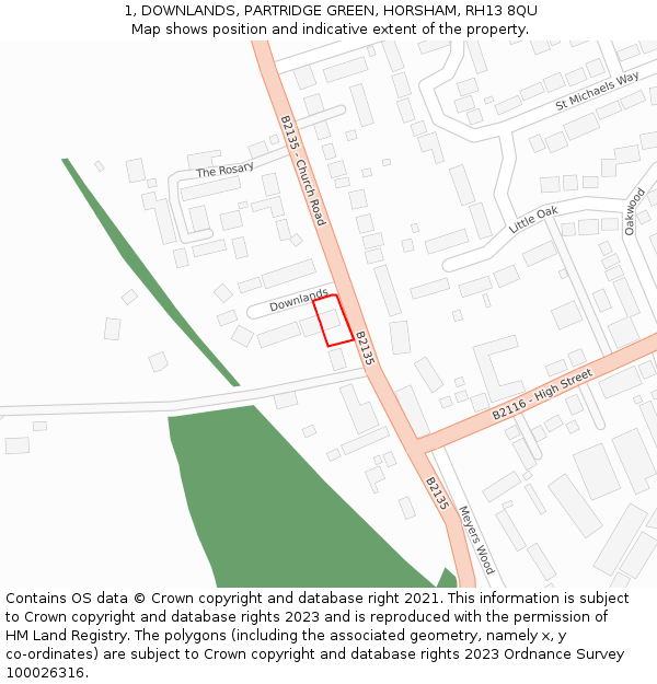 1, DOWNLANDS, PARTRIDGE GREEN, HORSHAM, RH13 8QU: Location map and indicative extent of plot