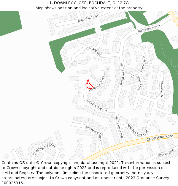 1, DOWNLEY CLOSE, ROCHDALE, OL12 7GJ: Location map and indicative extent of plot