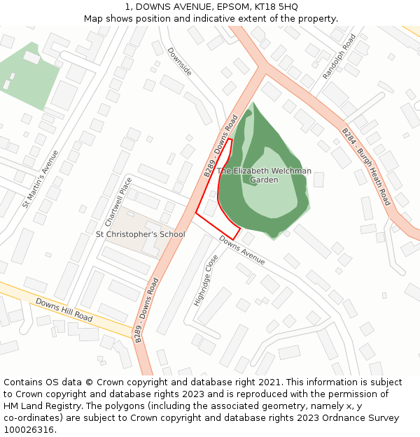 1, DOWNS AVENUE, EPSOM, KT18 5HQ: Location map and indicative extent of plot