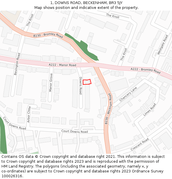 1, DOWNS ROAD, BECKENHAM, BR3 5JY: Location map and indicative extent of plot