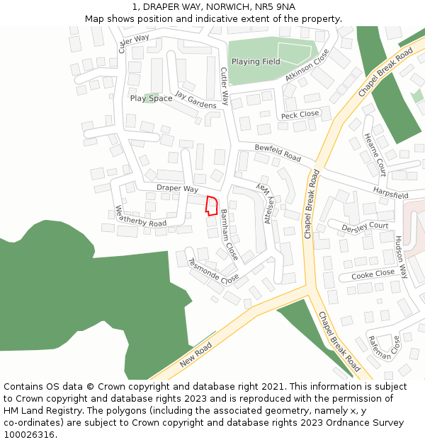 1, DRAPER WAY, NORWICH, NR5 9NA: Location map and indicative extent of plot