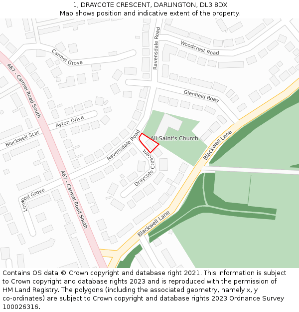 1, DRAYCOTE CRESCENT, DARLINGTON, DL3 8DX: Location map and indicative extent of plot