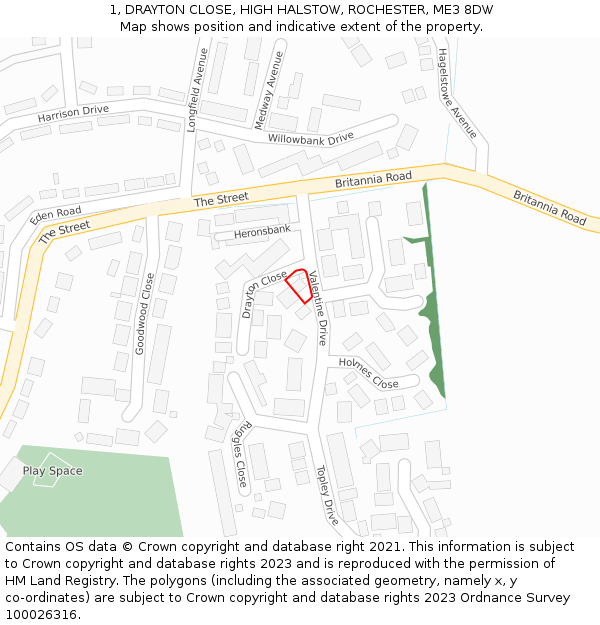 1, DRAYTON CLOSE, HIGH HALSTOW, ROCHESTER, ME3 8DW: Location map and indicative extent of plot