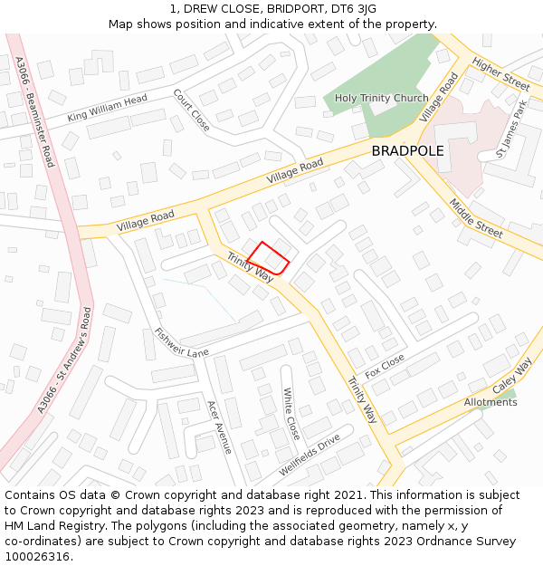 1, DREW CLOSE, BRIDPORT, DT6 3JG: Location map and indicative extent of plot