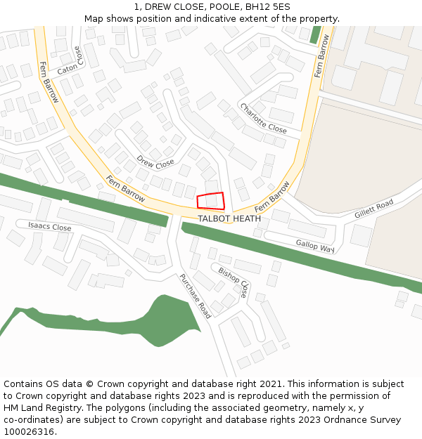 1, DREW CLOSE, POOLE, BH12 5ES: Location map and indicative extent of plot