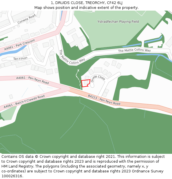 1, DRUIDS CLOSE, TREORCHY, CF42 6LJ: Location map and indicative extent of plot