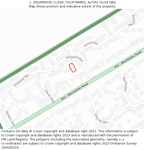 1, DRUMMOND CLOSE, FOUR MARKS, ALTON, GU34 5BQ: Location map and indicative extent of plot