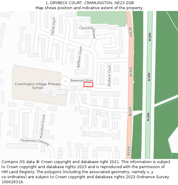 1, DRYBECK COURT, CRAMLINGTON, NE23 2GB: Location map and indicative extent of plot