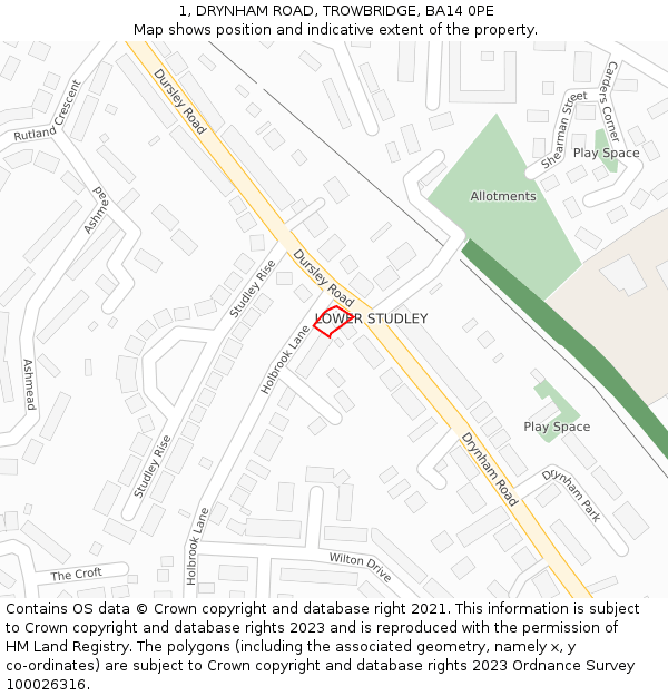 1, DRYNHAM ROAD, TROWBRIDGE, BA14 0PE: Location map and indicative extent of plot