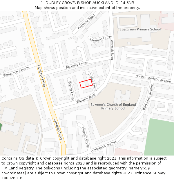 1, DUDLEY GROVE, BISHOP AUCKLAND, DL14 6NB: Location map and indicative extent of plot