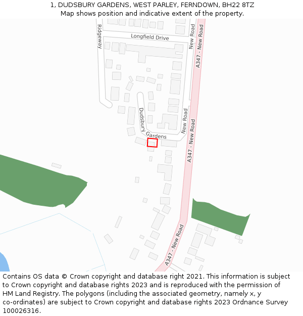 1, DUDSBURY GARDENS, WEST PARLEY, FERNDOWN, BH22 8TZ: Location map and indicative extent of plot