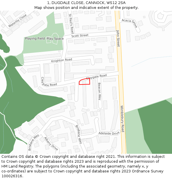 1, DUGDALE CLOSE, CANNOCK, WS12 2SA: Location map and indicative extent of plot