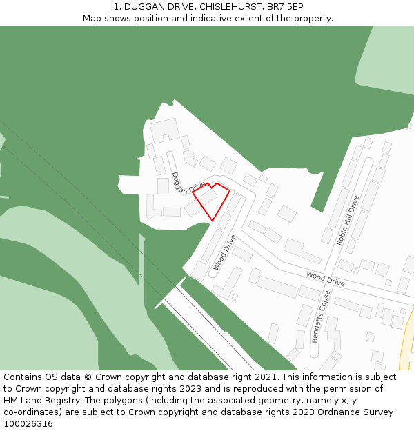 1, DUGGAN DRIVE, CHISLEHURST, BR7 5EP: Location map and indicative extent of plot