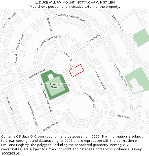 1, DUKE WILLIAM MOUNT, NOTTINGHAM, NG7 1BH: Location map and indicative extent of plot