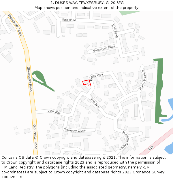 1, DUKES WAY, TEWKESBURY, GL20 5FG: Location map and indicative extent of plot