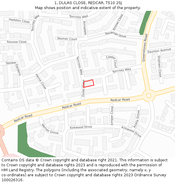 1, DULAS CLOSE, REDCAR, TS10 2SJ: Location map and indicative extent of plot