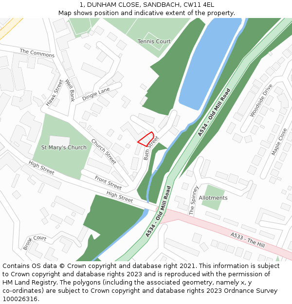 1, DUNHAM CLOSE, SANDBACH, CW11 4EL: Location map and indicative extent of plot