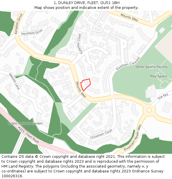 1, DUNLEY DRIVE, FLEET, GU51 1BH: Location map and indicative extent of plot