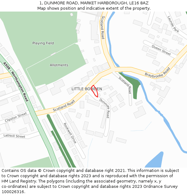 1, DUNMORE ROAD, MARKET HARBOROUGH, LE16 8AZ: Location map and indicative extent of plot