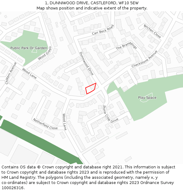 1, DUNNIWOOD DRIVE, CASTLEFORD, WF10 5EW: Location map and indicative extent of plot