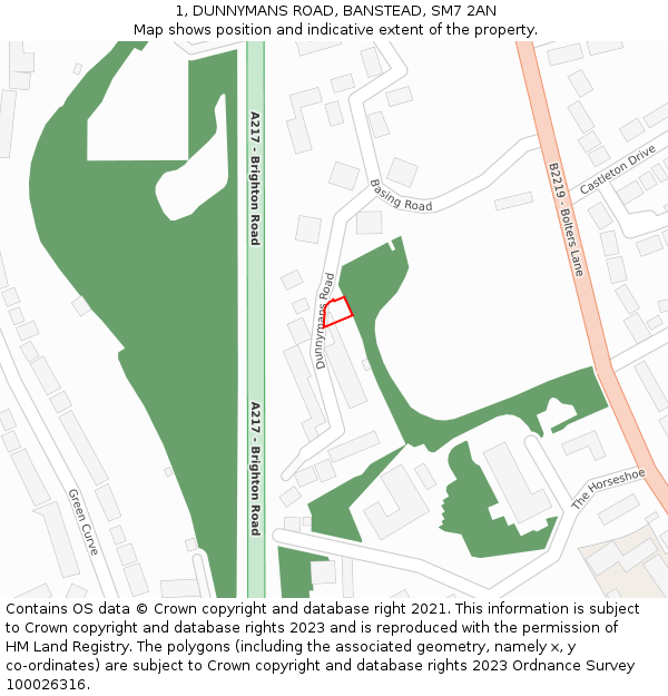 1, DUNNYMANS ROAD, BANSTEAD, SM7 2AN: Location map and indicative extent of plot