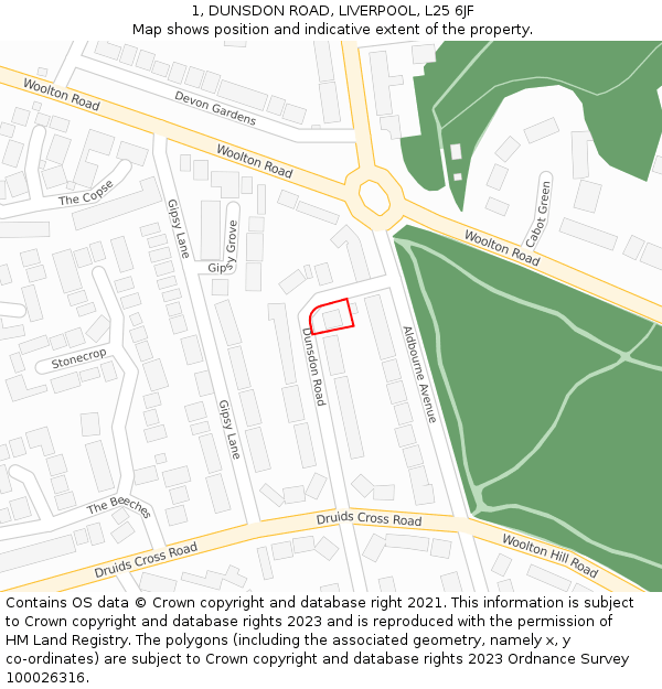 1, DUNSDON ROAD, LIVERPOOL, L25 6JF: Location map and indicative extent of plot