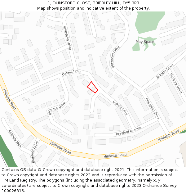 1, DUNSFORD CLOSE, BRIERLEY HILL, DY5 3PR: Location map and indicative extent of plot