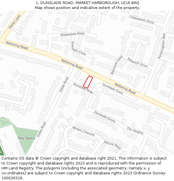 1, DUNSLADE ROAD, MARKET HARBOROUGH, LE16 8AQ: Location map and indicative extent of plot
