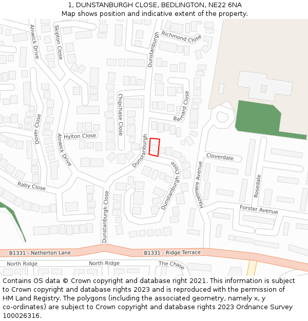 1, DUNSTANBURGH CLOSE, BEDLINGTON, NE22 6NA: Location map and indicative extent of plot
