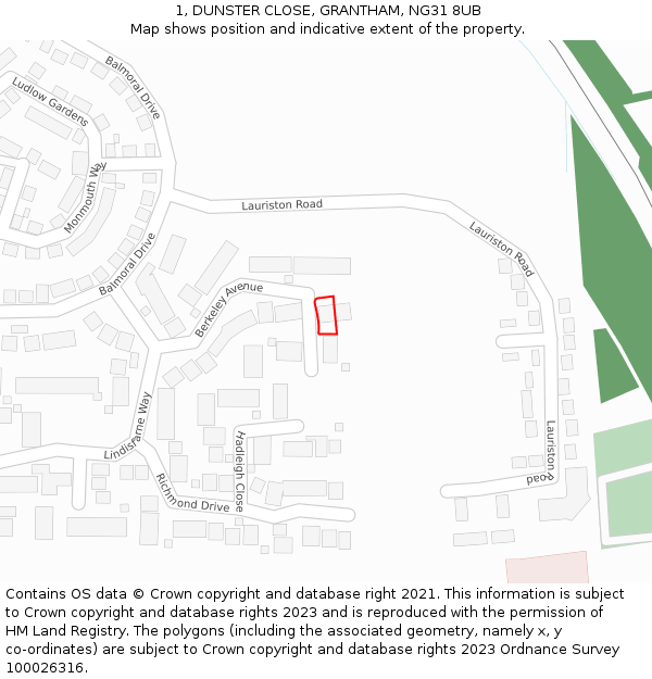 1, DUNSTER CLOSE, GRANTHAM, NG31 8UB: Location map and indicative extent of plot