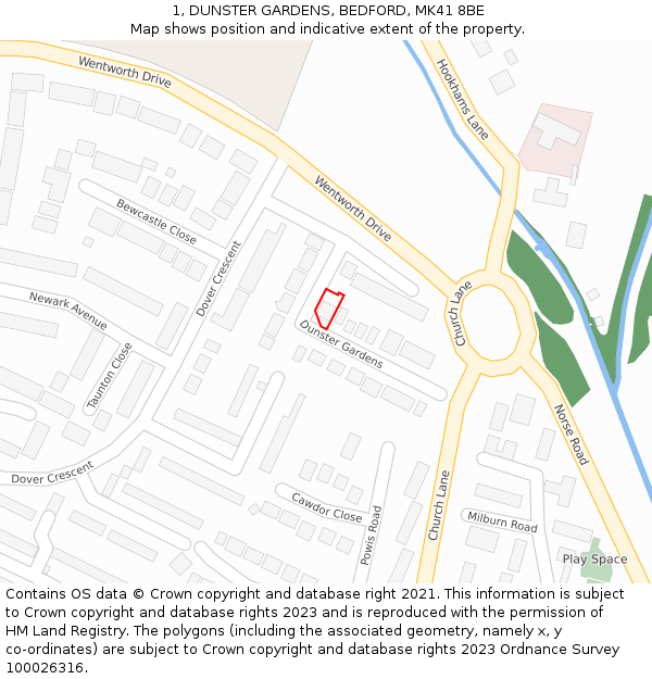 1, DUNSTER GARDENS, BEDFORD, MK41 8BE: Location map and indicative extent of plot