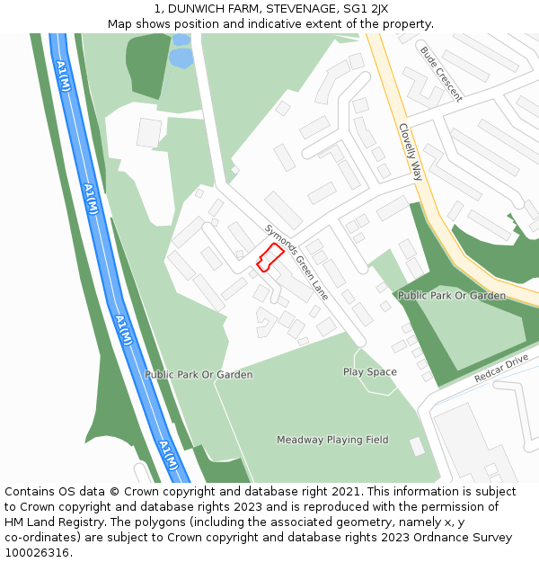 1, DUNWICH FARM, STEVENAGE, SG1 2JX: Location map and indicative extent of plot