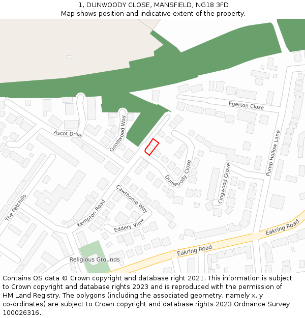 1, DUNWOODY CLOSE, MANSFIELD, NG18 3FD: Location map and indicative extent of plot
