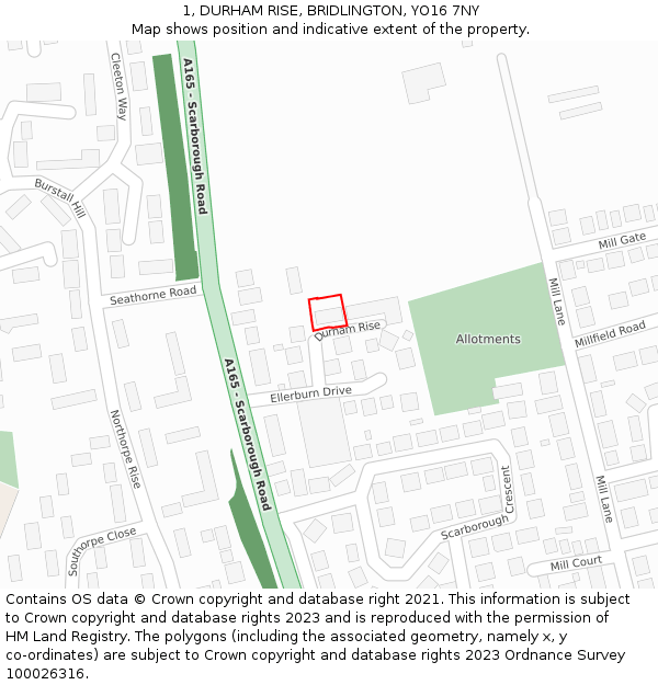 1, DURHAM RISE, BRIDLINGTON, YO16 7NY: Location map and indicative extent of plot