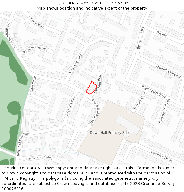 1, DURHAM WAY, RAYLEIGH, SS6 9RY: Location map and indicative extent of plot