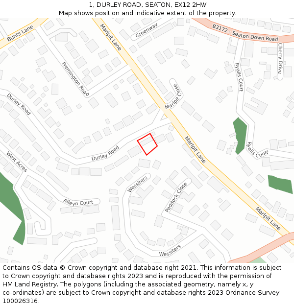 1, DURLEY ROAD, SEATON, EX12 2HW: Location map and indicative extent of plot