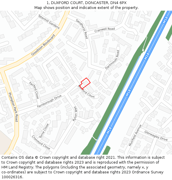 1, DUXFORD COURT, DONCASTER, DN4 6PX: Location map and indicative extent of plot