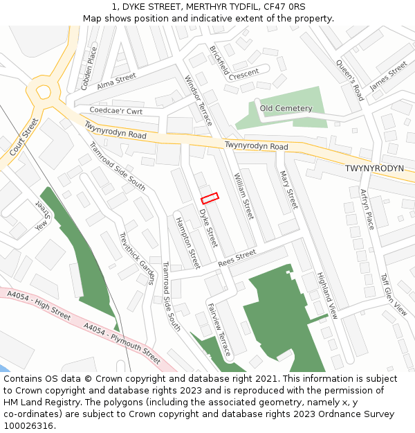 1, DYKE STREET, MERTHYR TYDFIL, CF47 0RS: Location map and indicative extent of plot