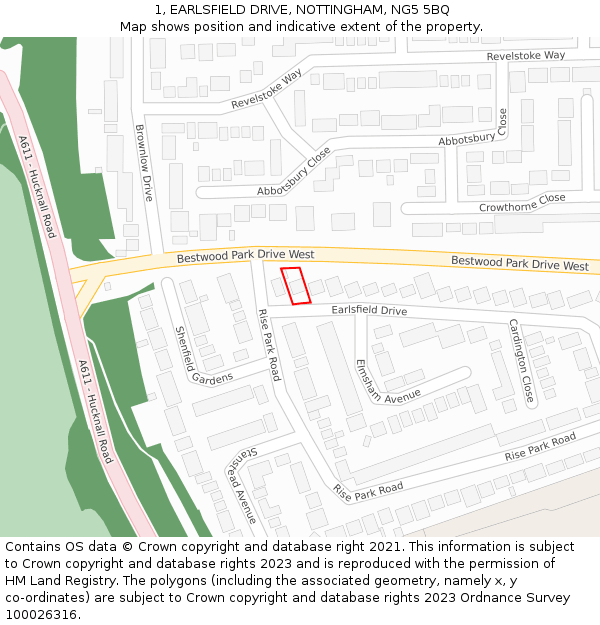 1, EARLSFIELD DRIVE, NOTTINGHAM, NG5 5BQ: Location map and indicative extent of plot